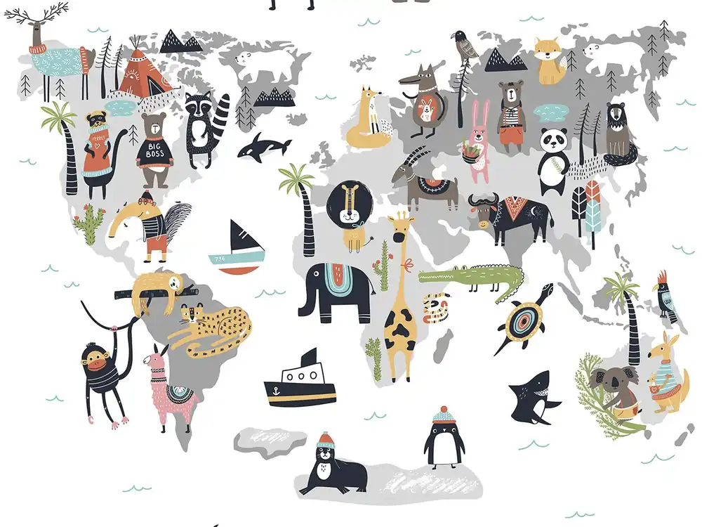 Tapeta mapa świata dla dzieci – zwierzątka Kids Walls Little Adventures 45875 Marburg Rabat