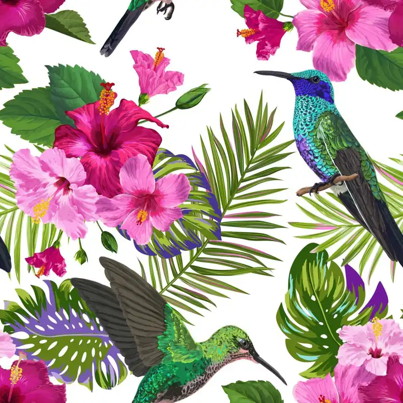 Oferta czasowa Tapeta Tropikalna - Kolorowe Kolibry, Liście I Kwiaty Flizelina 53x1000