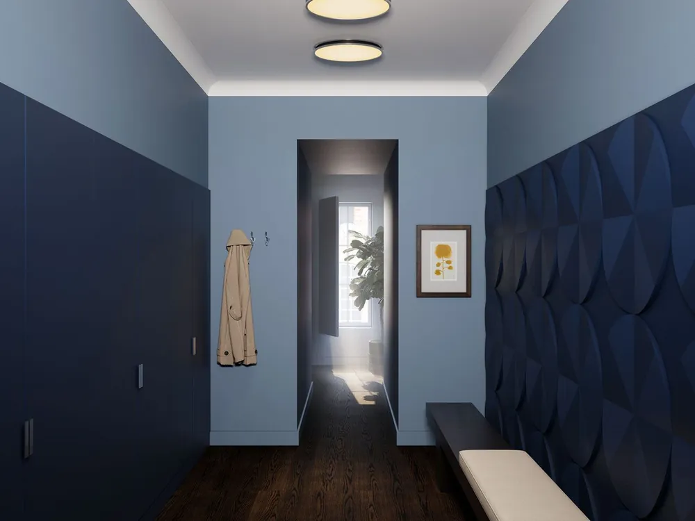 Niebieski przedpokój z designerską ścianą 3D Nowy