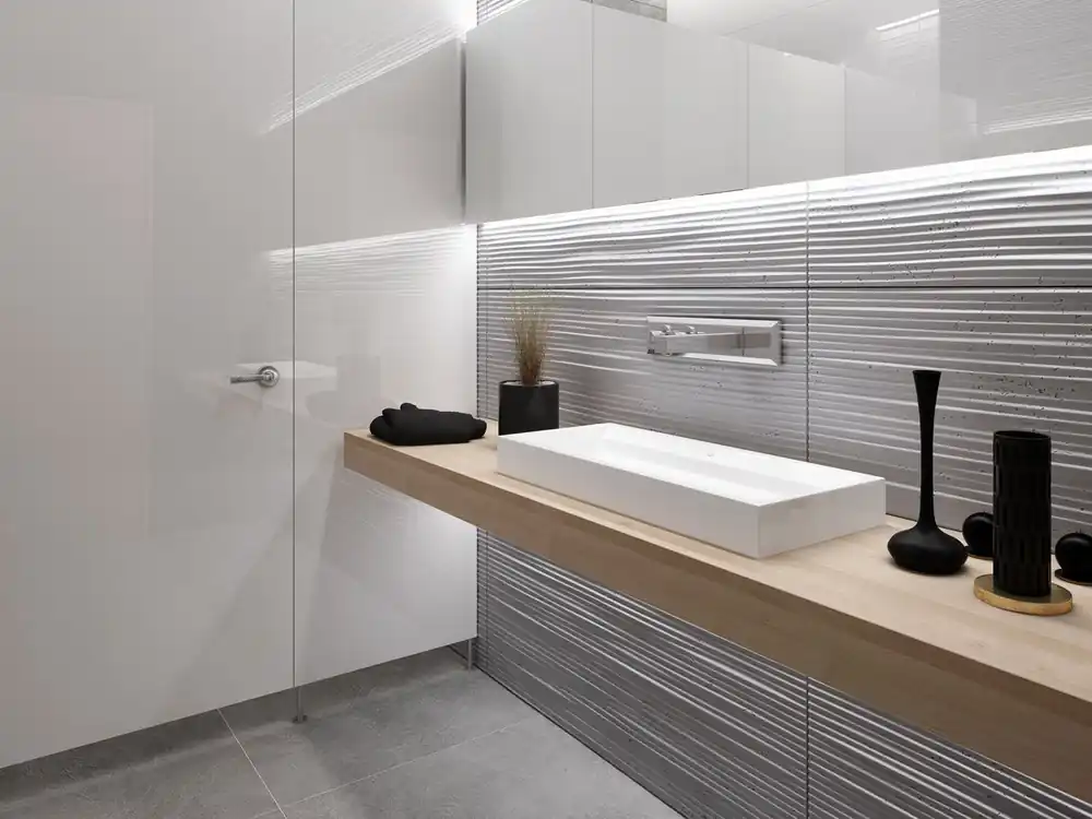 Beton architektoniczny — łazienka w jasnych kolorach z dodatkiem drewna Nie przegap