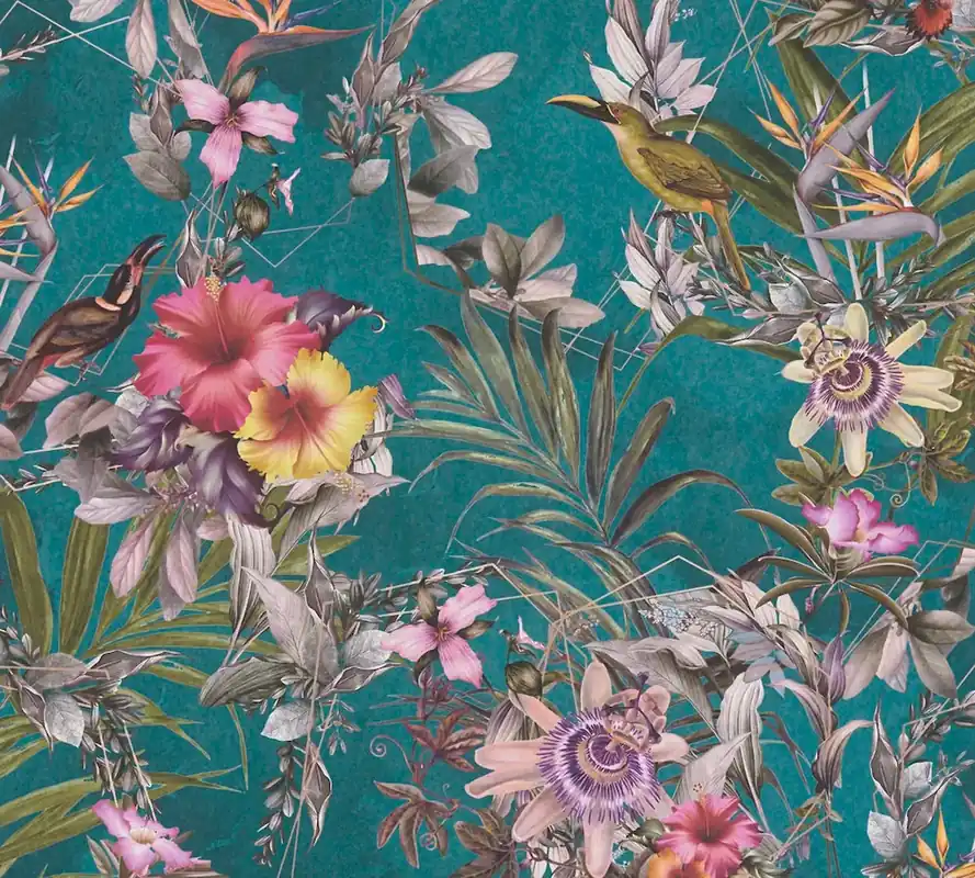 Tapeta 38178-3 Dream Flowery AS Creation Tapeta motyw dżungli w tropikalne kwiaty i ptaki - turkusowy, zielony, wielokolorowy Nie przegap