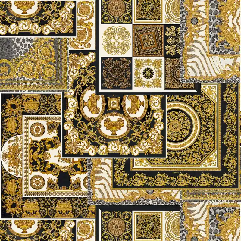 Tapeta 37048-3 Versace 4 AS Creation ornament płytki z barokowymi złotymi detalami – złoto, srebro, czerń Hit cenowy