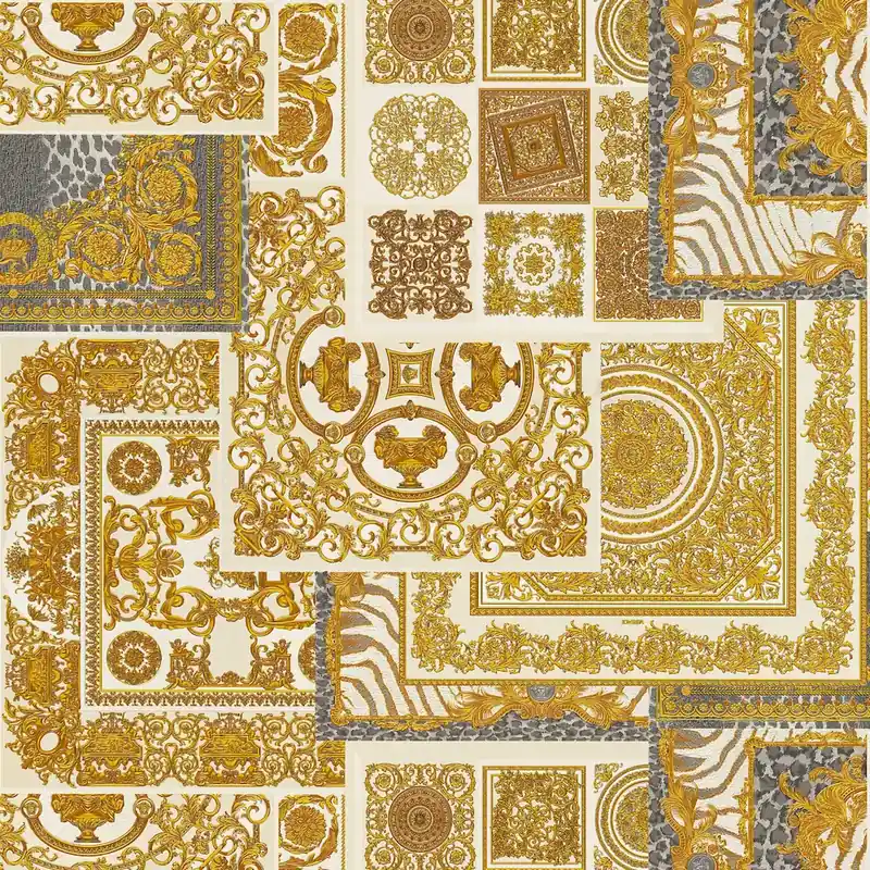 Zniżka Tapeta 37048-4 Versace 4 AS Creation ornament płytki z barokowymi złotymi detalami – złoto, srebro, kreda