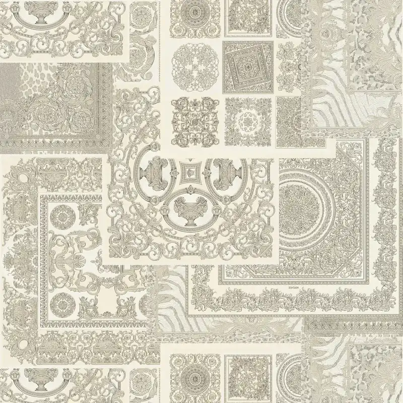 Tapeta 37048-5 Versace 4 AS Creation ornament płytki z barokowymi złotymi detalami - srebrna, szara, biała Nowy