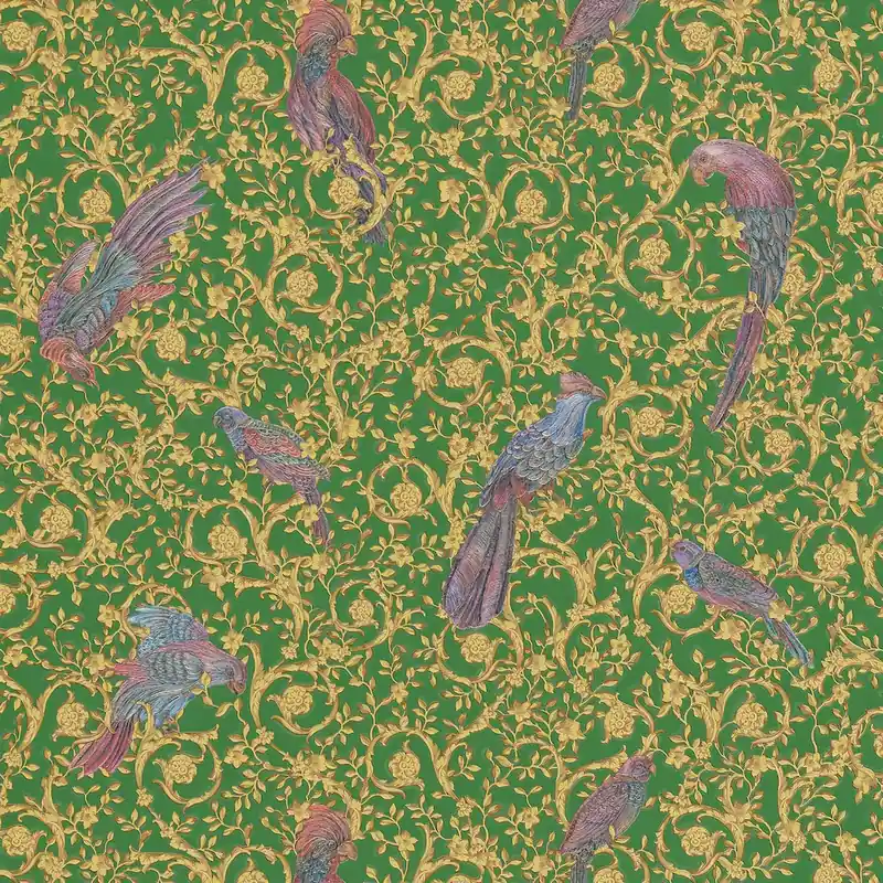 Tapeta 37053-3 Versace 4 AS Creation ornament w rajskie ptaki i złote akcenty - złoto, zieleń, fiolet Darmowa dostawa