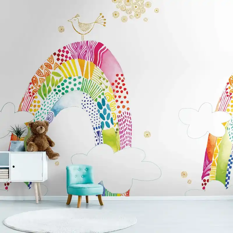 Wyjątkowa oferta Tapeta mural panel 39215-1 The Wall II AS Creation Dziecięca tapeta z motywem kolorowej tęczy i ptaka - kolorowa, biała, różowa