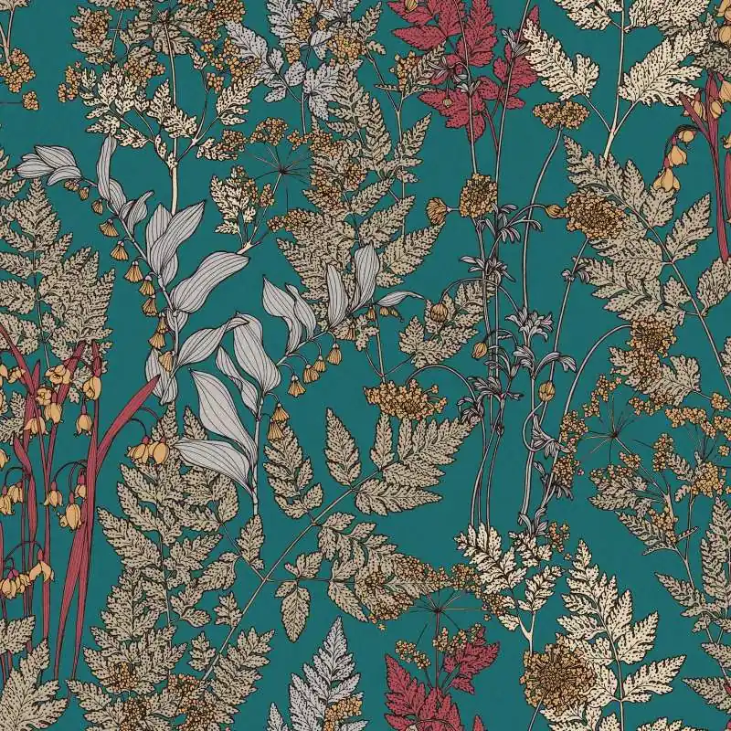 Tapeta 37751-5 Floral Impression AS Creation turkusowy styl rysowania z motywem liści i kwiatów - niebieski, beżowy, żółty Bezpieczna płatność