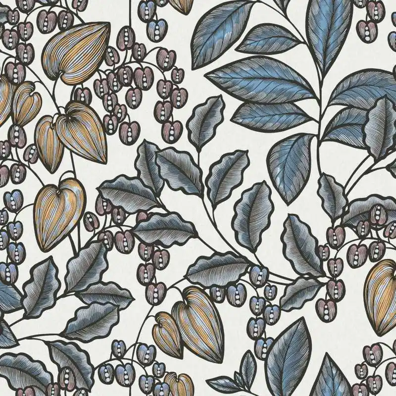 Tapeta 37754-8 Floral Impression AS Creation nowoczesna z motywem liści w stylu retro - niebieski, biały, żółty Bestseller