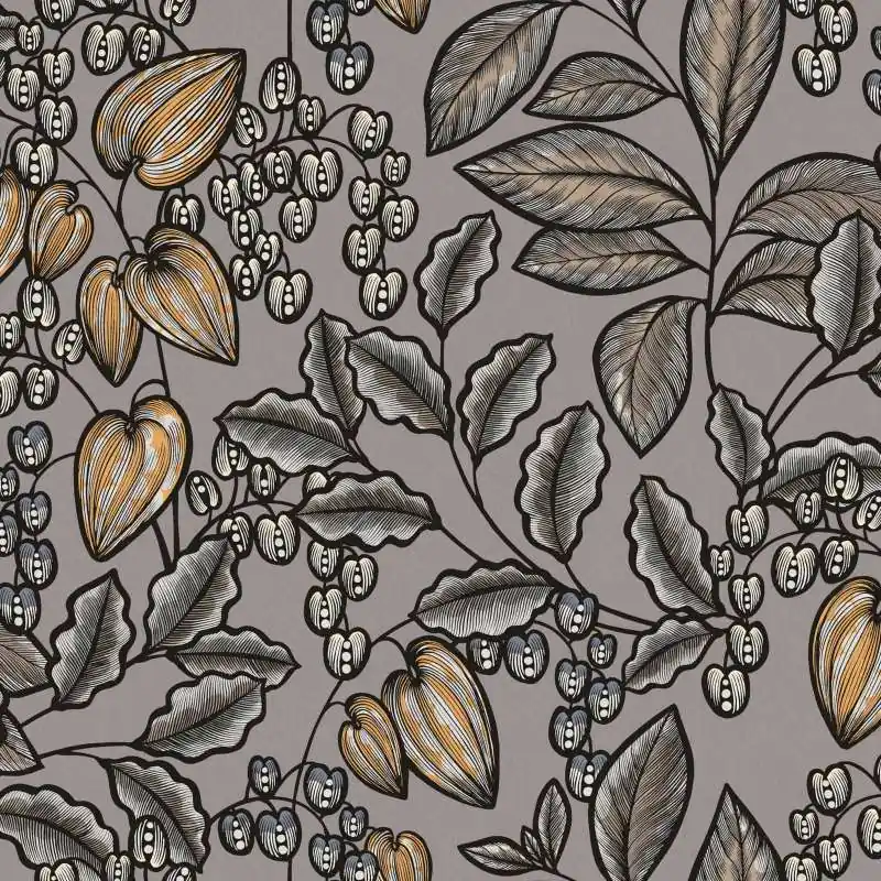 Tapeta 37754-9 Floral Impression AS Creation szare liście z musztardowymi żółtymi akcentami - szary, brązowy, żółty Oferta limitowana