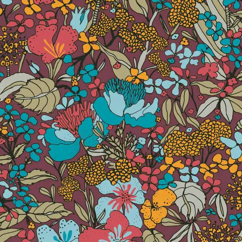Sprawdź teraz Tapeta 37756-3 Floral Impression AS Creation fioletowa kwiatowa w stylu retro z lat 70. - czerwień, błękit, żółć