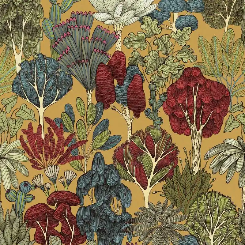 Tapeta 37757-1 Floral Impression AS Creation musztardowa żółta drzewa w stylu doodle - żółty, czerwony, niebieski Szybka wysyłka