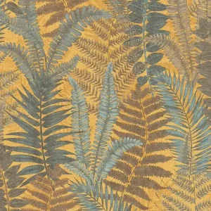 Wyjątkowa oferta Tapeta 39347-2 A.S. Creation Famous Garden tapeta w stylu kwiatowym z liśćmi paproci, lekko teksturowana, matowa – żółty, niebieski, brązowy
