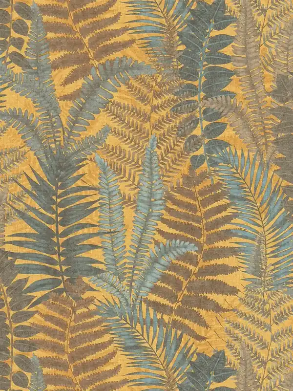 Wyjątkowa oferta Tapeta 39347-2 A.S. Creation Famous Garden tapeta w stylu kwiatowym z liśćmi paproci, lekko teksturowana, matowa – żółty, niebieski, brązowy