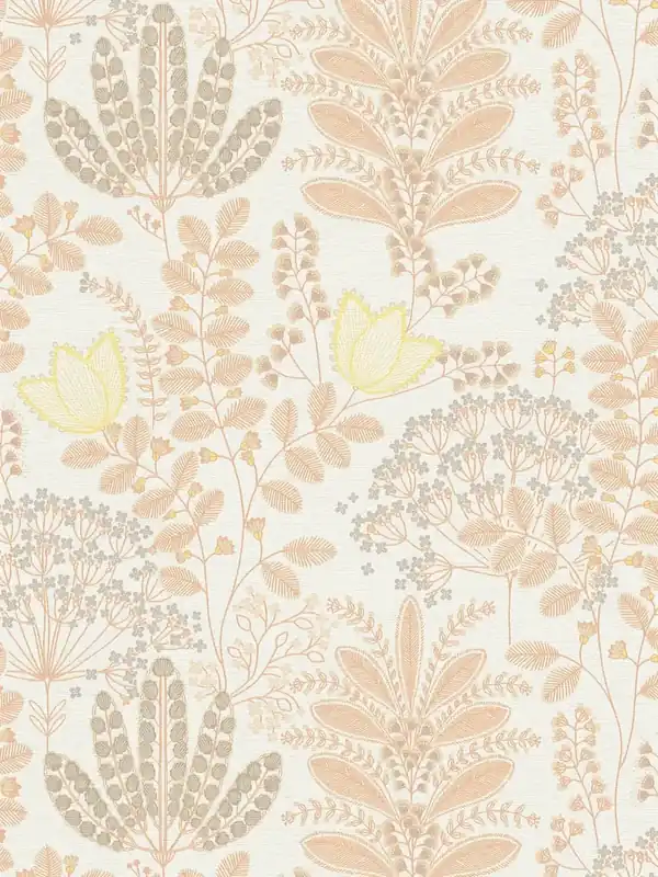 Darmowa dostawa Tapeta 39349-1 A.S. Creation Famous Garden tapeta kwiatowa z liśćmi w stylu retro, lekko strukturalna, matowa – biel, pomarańcz, żółć