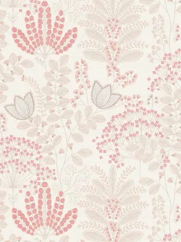 Nowość Tapeta 39349-2 A.S. Creation Famous Garden tapeta kwiatowa z liśćmi w stylu retro, lekko strukturalna, matowa – biała, szarobrązowa, różowa
