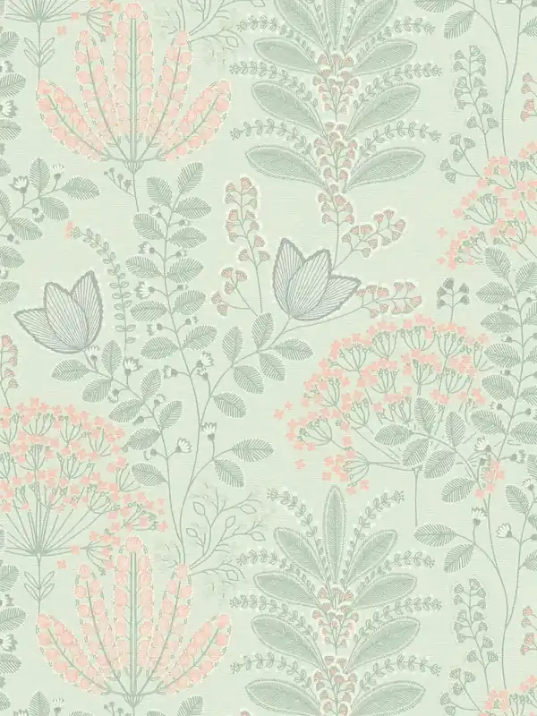 Do wyczerpania zapasów Tapeta 39349-3 A.S. Creation Famous Garden tapeta kwiatowa z liśćmi w stylu retro, lekko strukturalna, matowa – zielony, szary, różowy