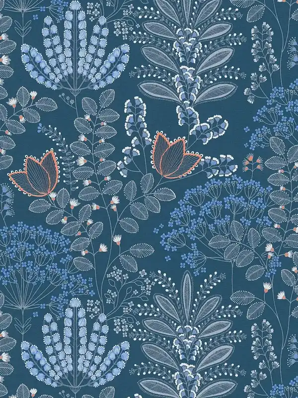 Bezpieczna płatność Tapeta 39349-4 A.S. Creation Famous Garden tapeta flizelinowa kwiatowa z liśćmi w stylu retro, lekko strukturalna, matowa – niebieski, biały, szary