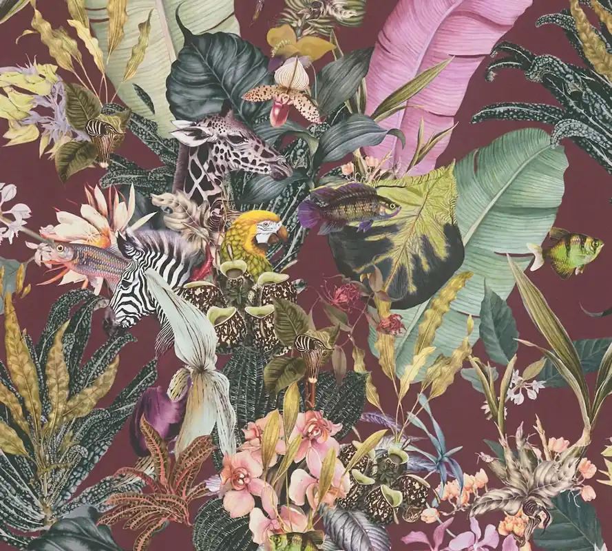 Tapeta 38176-5 Dream Flowery AS Creation Tapeta motyw dżungli z kwiatami i zwierzętami – zielona, ciemnoczerwona Ekspresowa dostawa