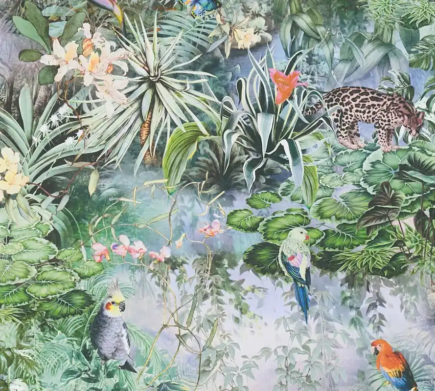 Tapeta 38179-2 Dream Flowery AS Creation Tapeta z motywem kwiatów, zwierzęt i roślin dżungli – zieleń, szarość Bezpieczna płatność