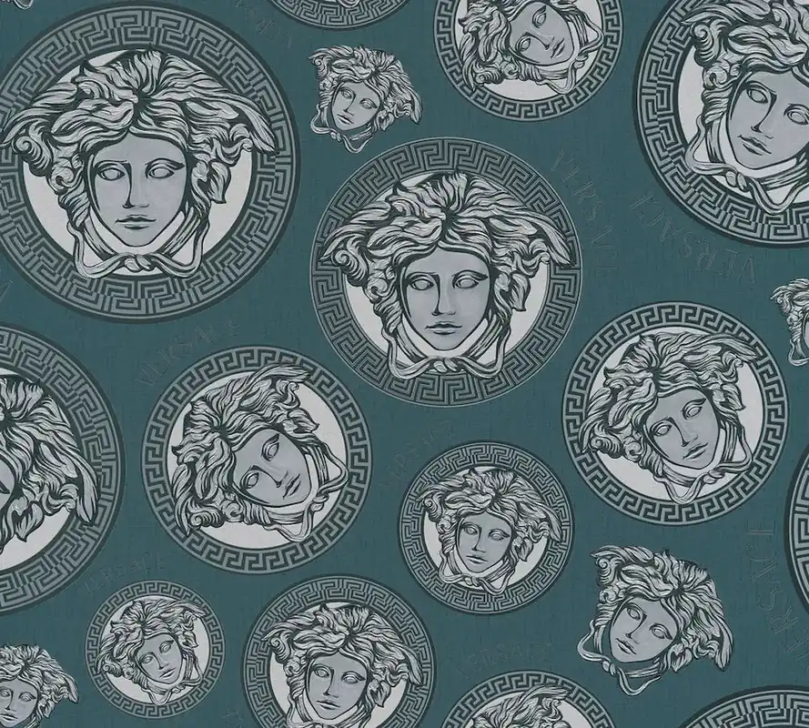 Rabat Tapeta 38611-1 Versace 5 AS Creation Tapeta VERSACE Koralowy wzór logo meduzy – niebieska, metaliczna