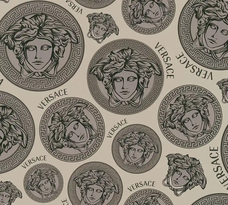 Premium Tapeta 38611-2 Versace 5 AS Creation Tapeta VERSACE z logo meduzy – beż, szarość, czerń