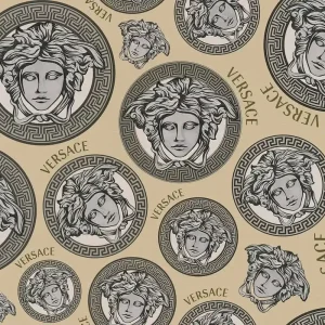 Cena promocyjna Tapeta 38611-4 Versace 5 AS Creation Tapeta metaliczna VERSACE Logo meduzy z efektem połysku – beż