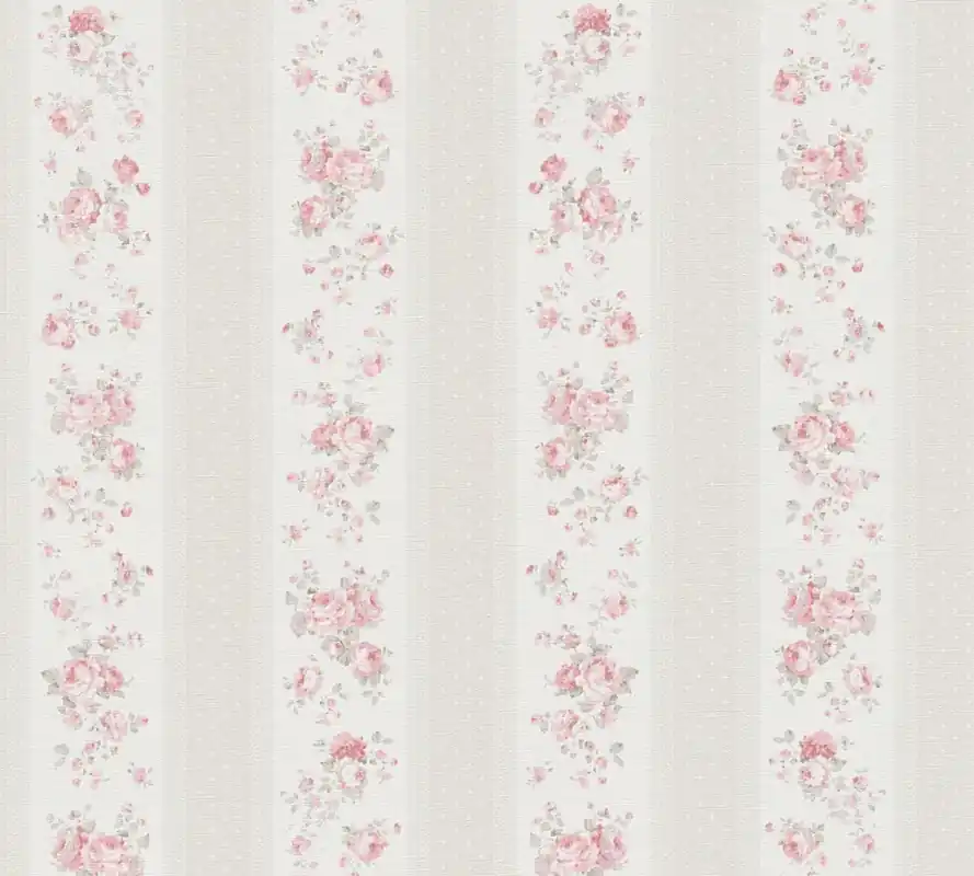 Tapeta 39069-4 Maison Charme AS Creation Tapeta w stylu shabby chic z kwiecistymi i kropkowanymi paskami - szarość, biel, czerwień Ekspresowa dostawa