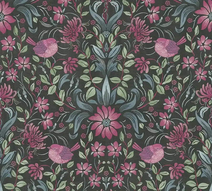 Bezpieczna płatność Tapeta 39075-1 Maison Charme AS Creation Figlarna kwiecista tapeta z ptakami - czarna, różowa, niebieska