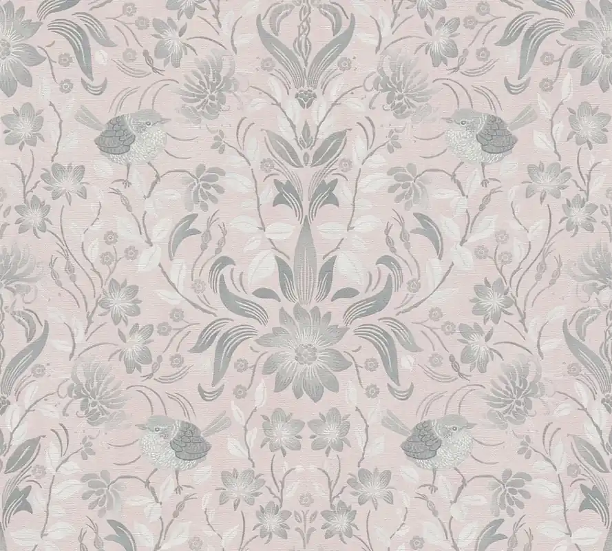 Tapeta 39075-2 Maison Charme AS Creation Tapeta motyw kwiatów i ptaków - różowa, szara, biała Oferta limitowana