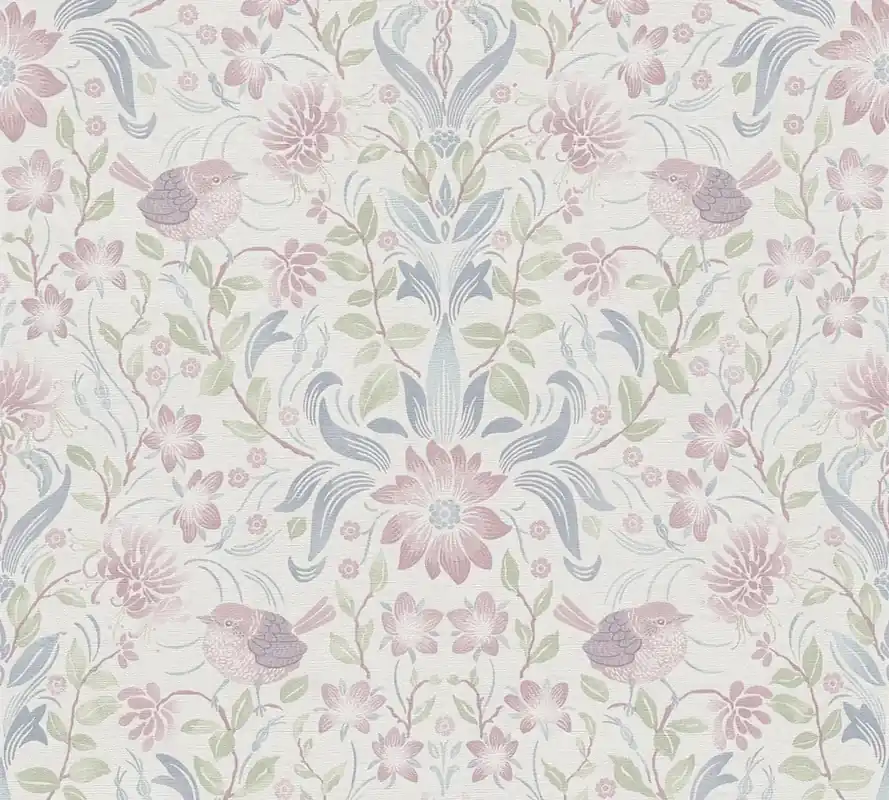 Tapeta 39075-3 Maison Charme AS Creation Tapeta w kwiaty z ptakami - krem, błękit, róż Tylko dziś