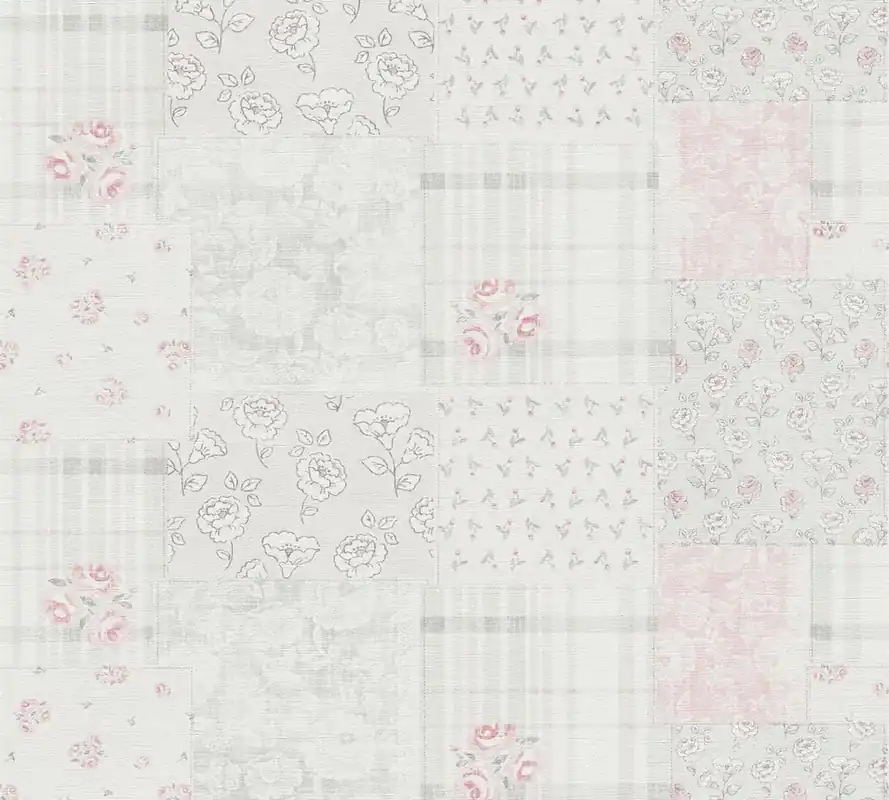 Tapeta 39066-3 Maison Charme AS Creation Tapeta w kratkę i kwiatki w stylu wiejskim - szara, czerwona, biała Ostatnia szansa