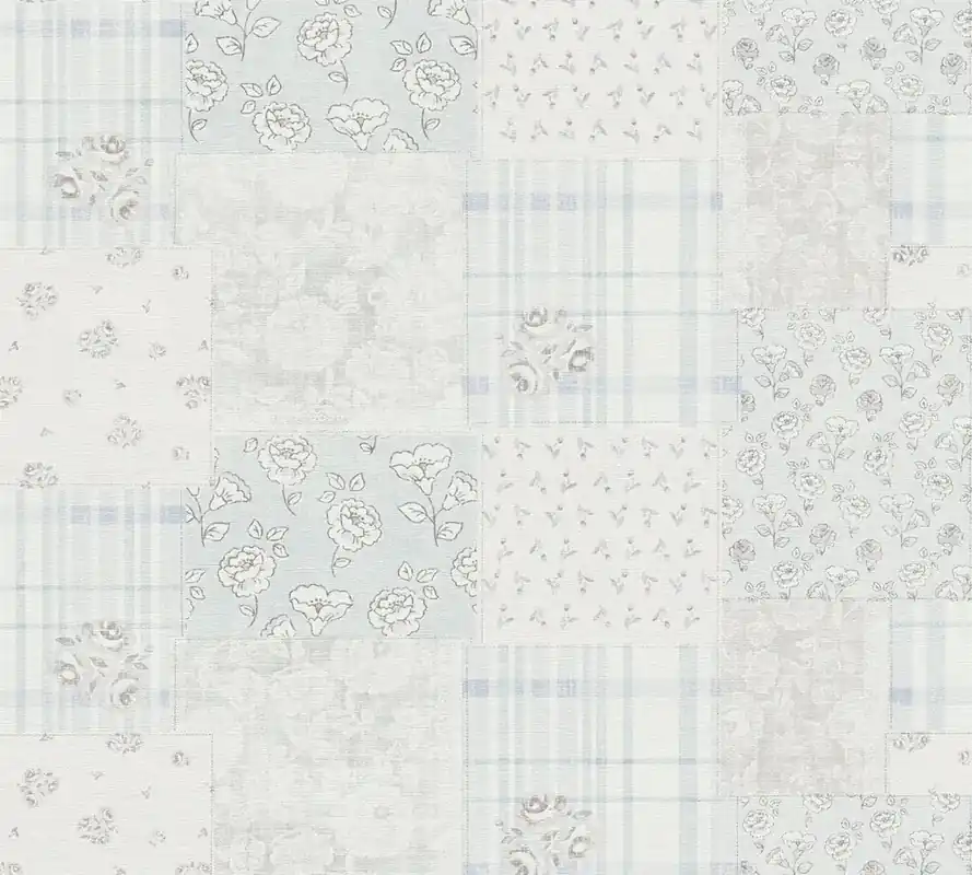 Tylko do końca tygodnia Tapeta 39066-4 Maison Charme AS Creation Tapeta flizelinowa w kwiatowy wzór i kratkę w wiejskim stylu - jasnoniebieska, szara, biała