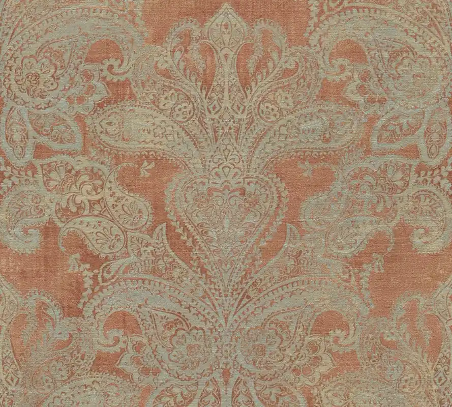 Tapeta 39119-2 Metropolitan Stories. Travel Stories AS Creation Tapeta flizelinowa w stylu barokowym z ornamentami - pomarańczowy, turkusowy, szary Darmowy zwrot