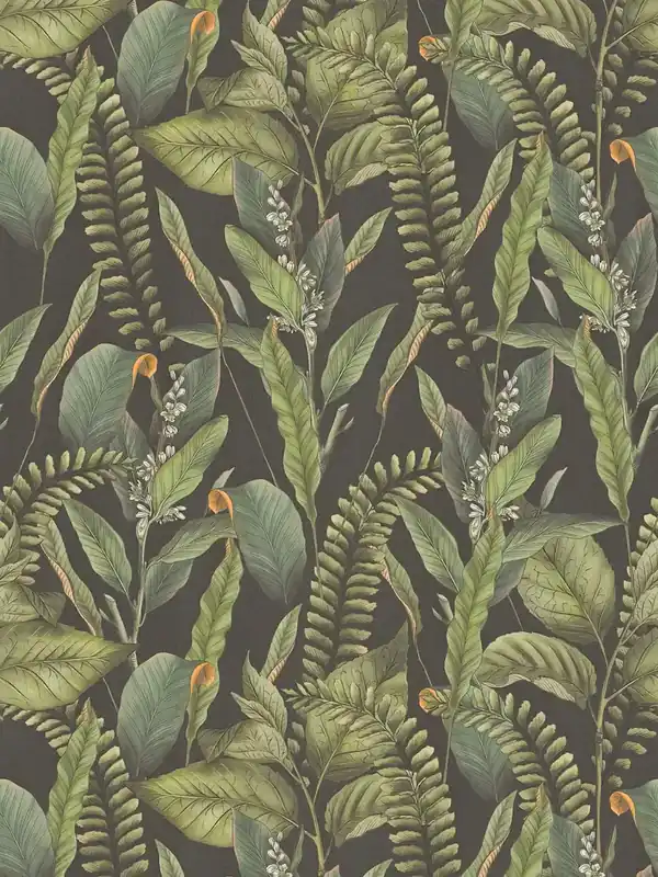 Rabat Tapeta 39413-1 A.S. Creation Drawn Into Nature tapeta jungle w stylu kwiatowym z liśćmi i kwiatami strukturalny mat – czarny, zielony, pomarańczowy