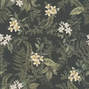 Darmowy zwrot Tapeta 39424-4 A.S. Creation Drawn Into Nature nowoczesna tapeta kwiatowa z kwiatami i trawami strukturalna matowa – czarna, ciemna zieleń, biała