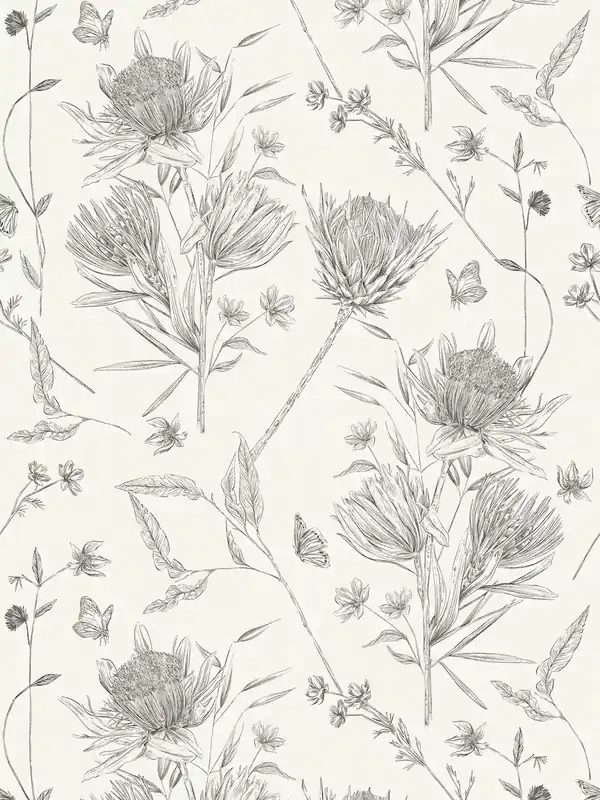 Kup online Tapeta 39427-2 A.S. Creation Drawn Into Nature tapeta kwiatowa z liśćmi i motylami struktura matowa – biała, czarna