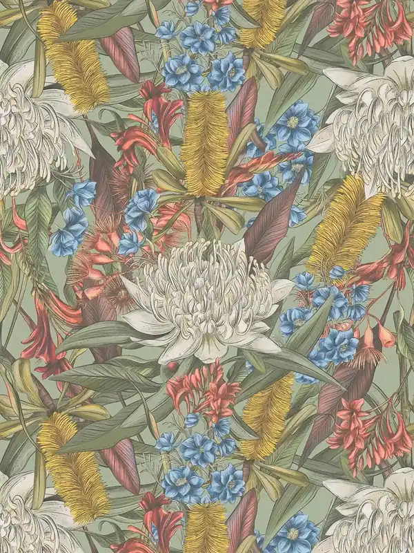 Tapeta 39428-1 A.S. Creation Drawn Into Nature tapeta kwiatowa w stylu dżungli z liśćmi i kwiatami strukturalna matowa – kolorowa, zielona, żółta Dodaj do koszyka