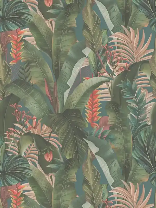 Ostatnia szansa Tapeta 39435-2 A.S. Creation Drawn Into Nature tapeta jungle floral z liśćmi palmowymi i kwiatami strukturalna matowa – niebieski, benzyna, zielony