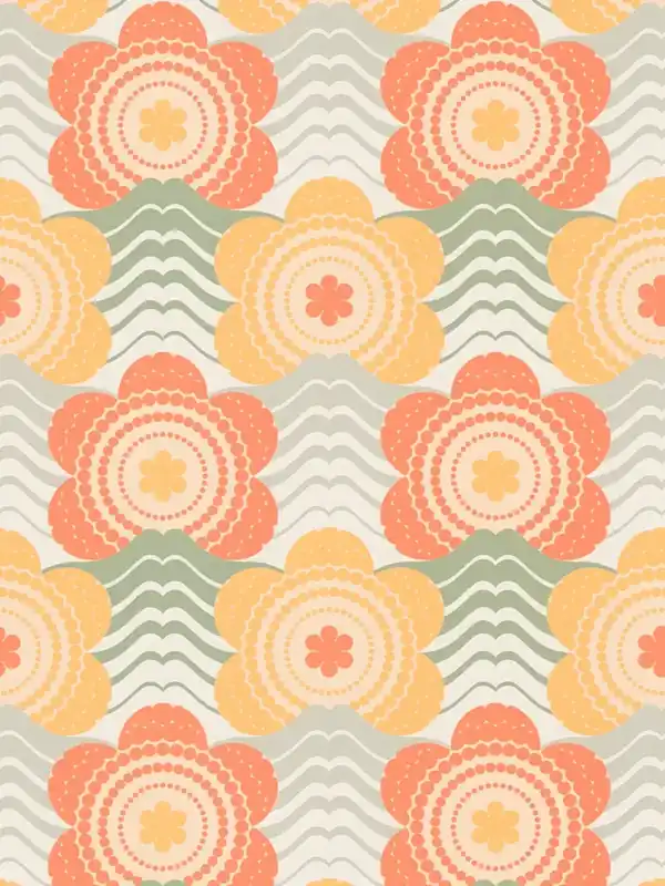 Tapeta 39539-4 A.S. Creation Retro Chic tapeta retro na flizelinie z motywem fal i kwiatów – pomarańczowy, żółty, zielony Nowy