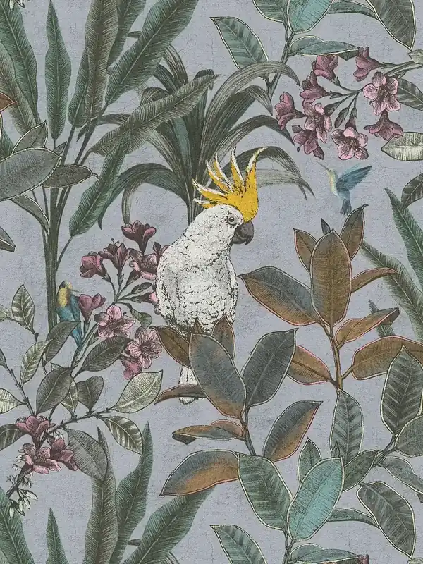 Łatwy zwrot Tapeta 39748-3 A.S. Creation PintWalls II tapeta na flizelinie dżungla z kakadu w stylu vintage – szary, niebieski, zielony