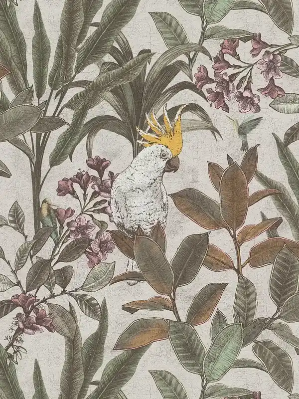 Sprawdź teraz Tapeta 39748-4 A.S. Creation PintWalls II tapeta na flizelinie dżungla z papugą w stylu vintage – zielony, kremowy, różowy