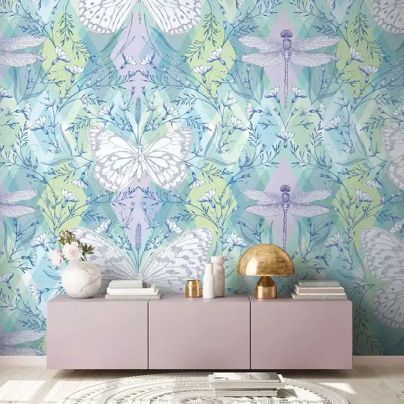 Oferta Tapeta mural panel 39204-1 The Wall II AS Creation Tapeta w romby z motylami i ważkami - kolorowa, zielona, fioletowa