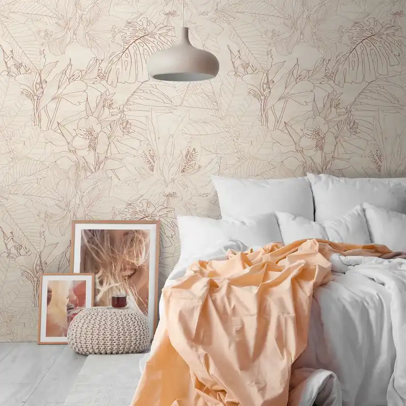 Oferta Tapeta mural panel 39886-1 A.S. Creation THE WALL III subtelna tapeta na flizelinie w stylu dżungli z naszkicowanymi kwiatami i liśćmi palmowymi oraz powtarzającym się wzorem – beż, krem, brąz