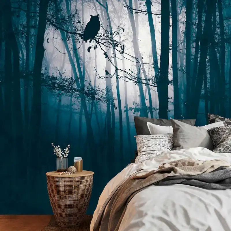 Darmowa dostawa Tapeta mural panel 39909-1 A.S. Creation THE WALL III fototapeta z motywem mistycznego lasu nocą i sylwetką sowy na flizelinie – niebieski, czarny