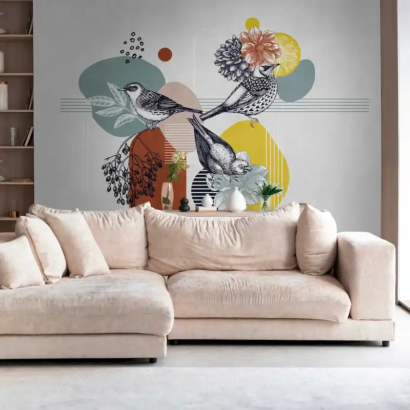 Wybór klientów Tapeta mural panel 39910-1 A.S. Creation THE WALL III fototapeta z abstrakcyjnym motywem ptaków i kwiatów na neutralnym tle – kolorowy, szary, pomarańczowy