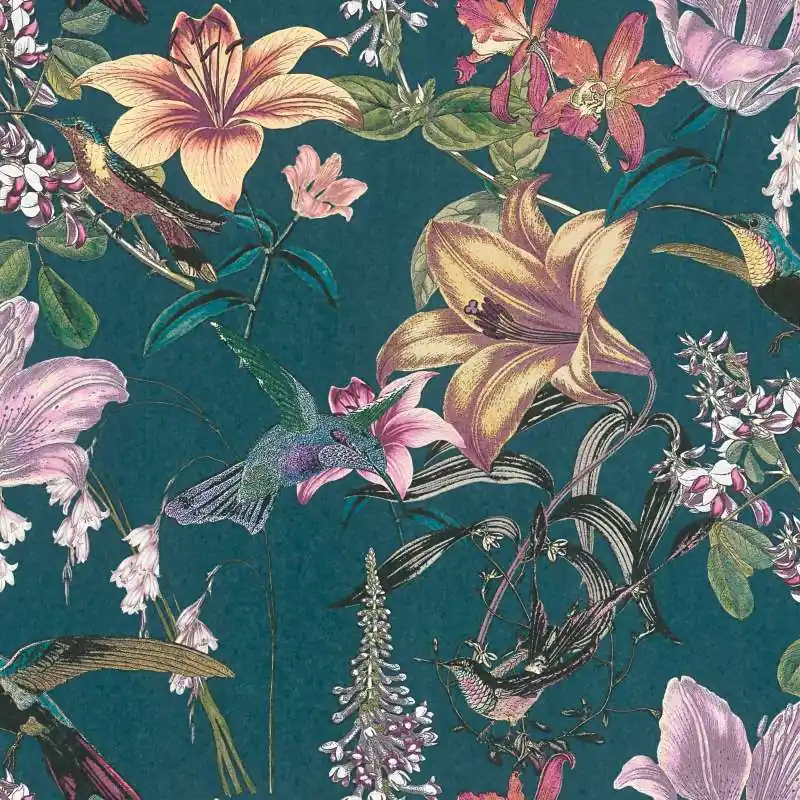 Oferta Tapeta 37701-2 Jungle Chic AS Creation ciemnozielona z motywem kolibra i kwiatu - niebieski, żółty, zielony