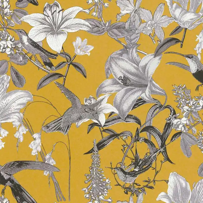 Tapeta 37701-3 Jungle Chic AS Creation motyw kwiatów i kolibra - żółty, szary, czarny Wybór klientów