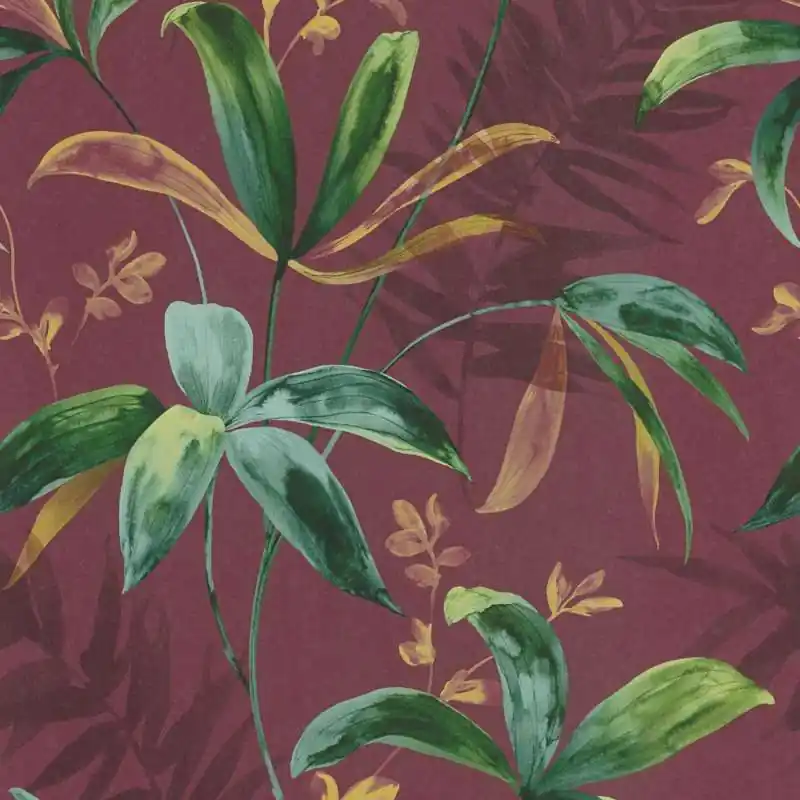 Tapeta 37704-3 Jungle Chic AS Creation ciemnoczerwona z zielonymi listkami w akwarelowym stylu - czerwień, zieleń, żółć Bezpieczne zakupy