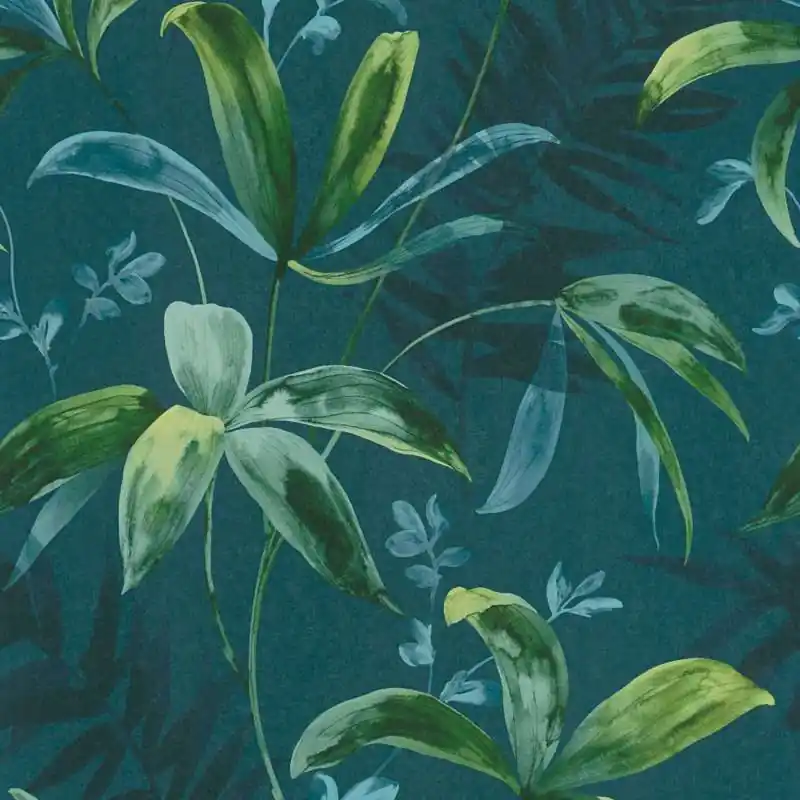 Ograniczona ilość Tapeta 37704-4 Jungle Chic AS Creation ciemnozielona z wzorem liści w stylu akwareli - niebieski, zielony