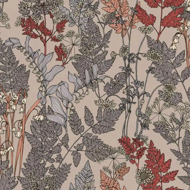 Tapeta 37751-2 Floral Impression AS Creation beżowa kwiatowa z rysunkiem liści i kwiatów - beż, szarość, czerwień Dostępne od ręki